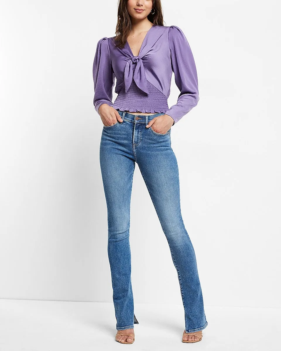 Satin Tie Front Smocked Top in Iris