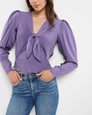 Satin Tie Front Smocked Top in Iris