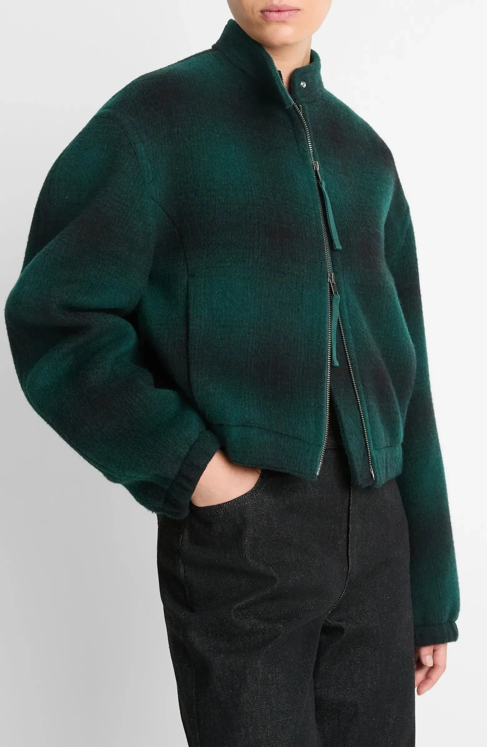 Shadow Plaid Women's Wool Blend Bomber Jacket By TJS