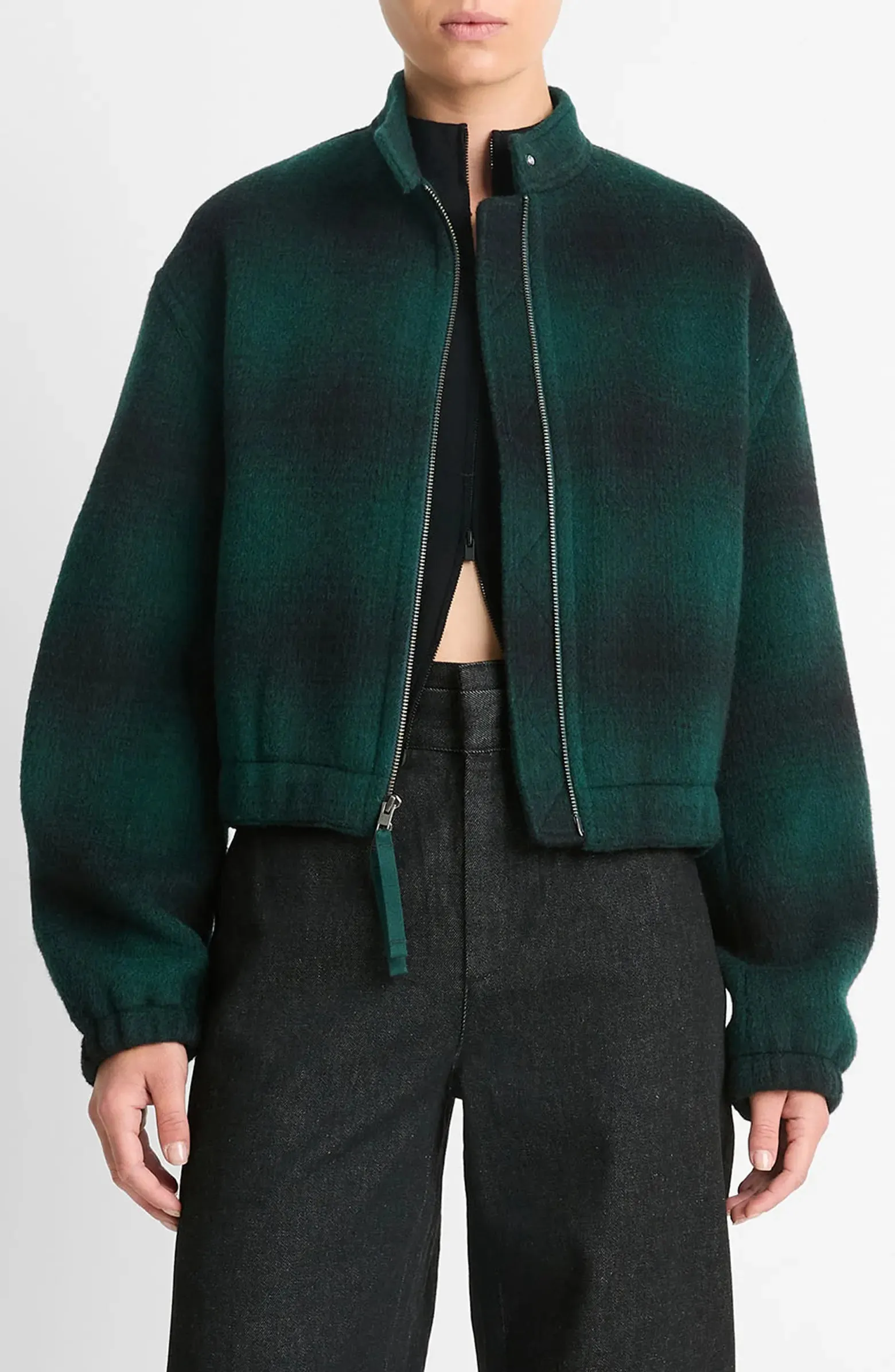 Shadow Plaid Women's Wool Blend Bomber Jacket By TJS