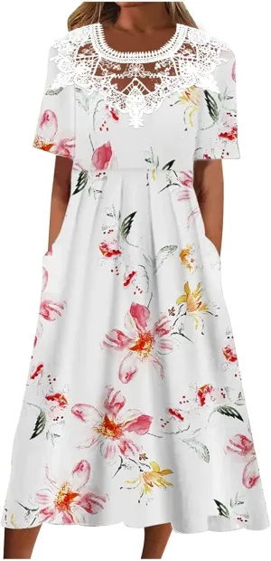 Sundresses for Women Casual Beach 2024 Summer Dress Casual Crewneck Tshirt Dresses Floral Short Sleeve Boho Dress