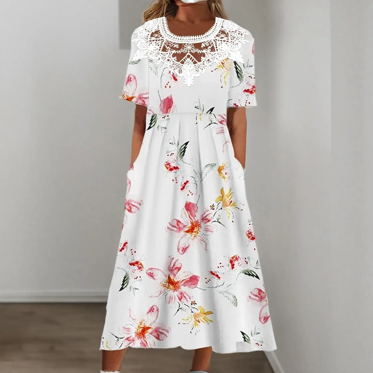 Sundresses for Women Casual Beach 2024 Summer Dress Casual Crewneck Tshirt Dresses Floral Short Sleeve Boho Dress