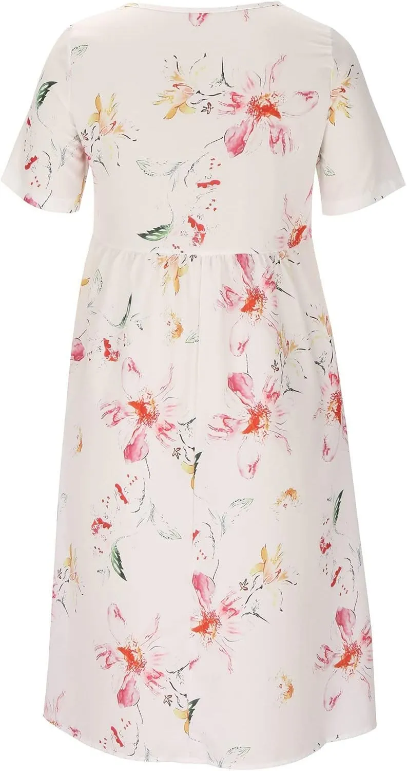 Sundresses for Women Casual Beach 2024 Summer Dress Casual Crewneck Tshirt Dresses Floral Short Sleeve Boho Dress