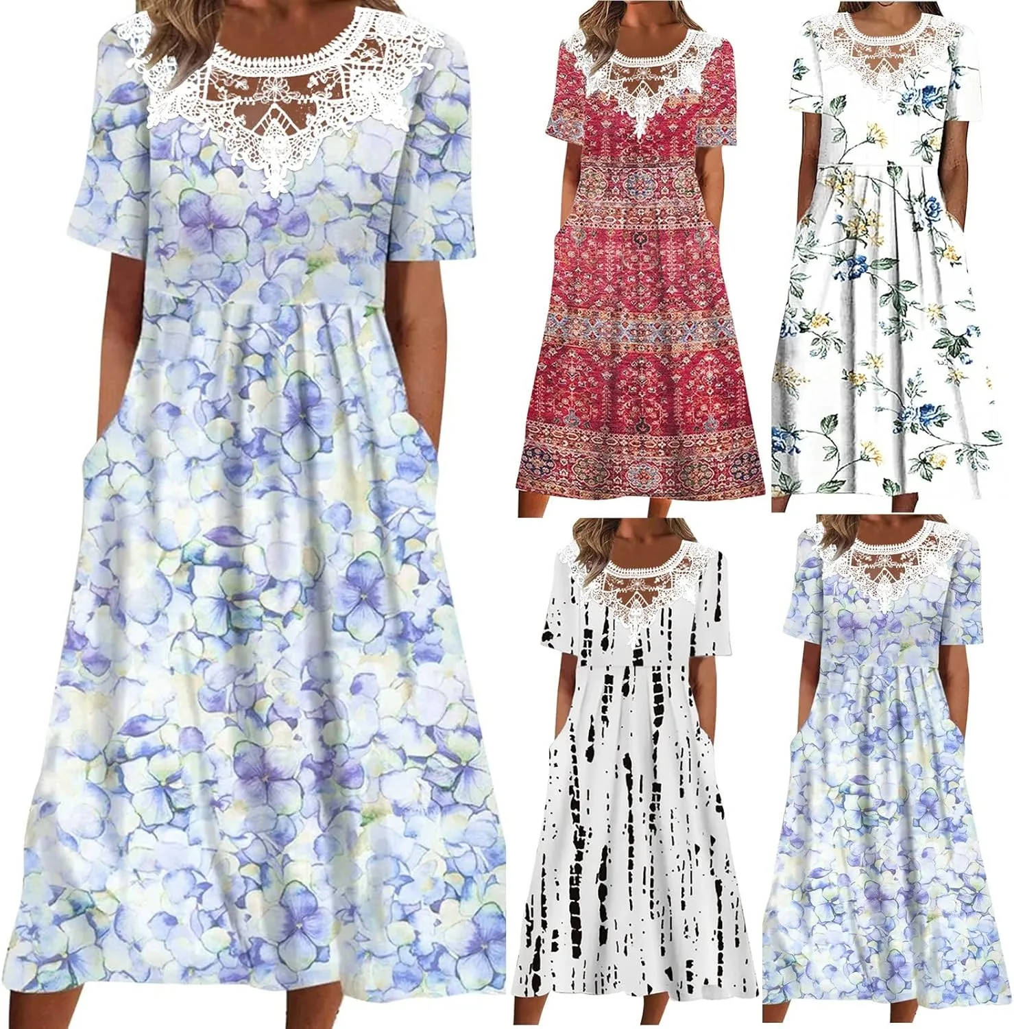 Sundresses for Women Casual Beach 2024 Summer Dress Casual Crewneck Tshirt Dresses Floral Short Sleeve Boho Dress