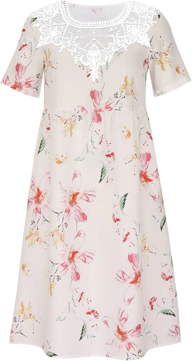 Sundresses for Women Casual Beach 2024 Summer Dress Casual Crewneck Tshirt Dresses Floral Short Sleeve Boho Dress