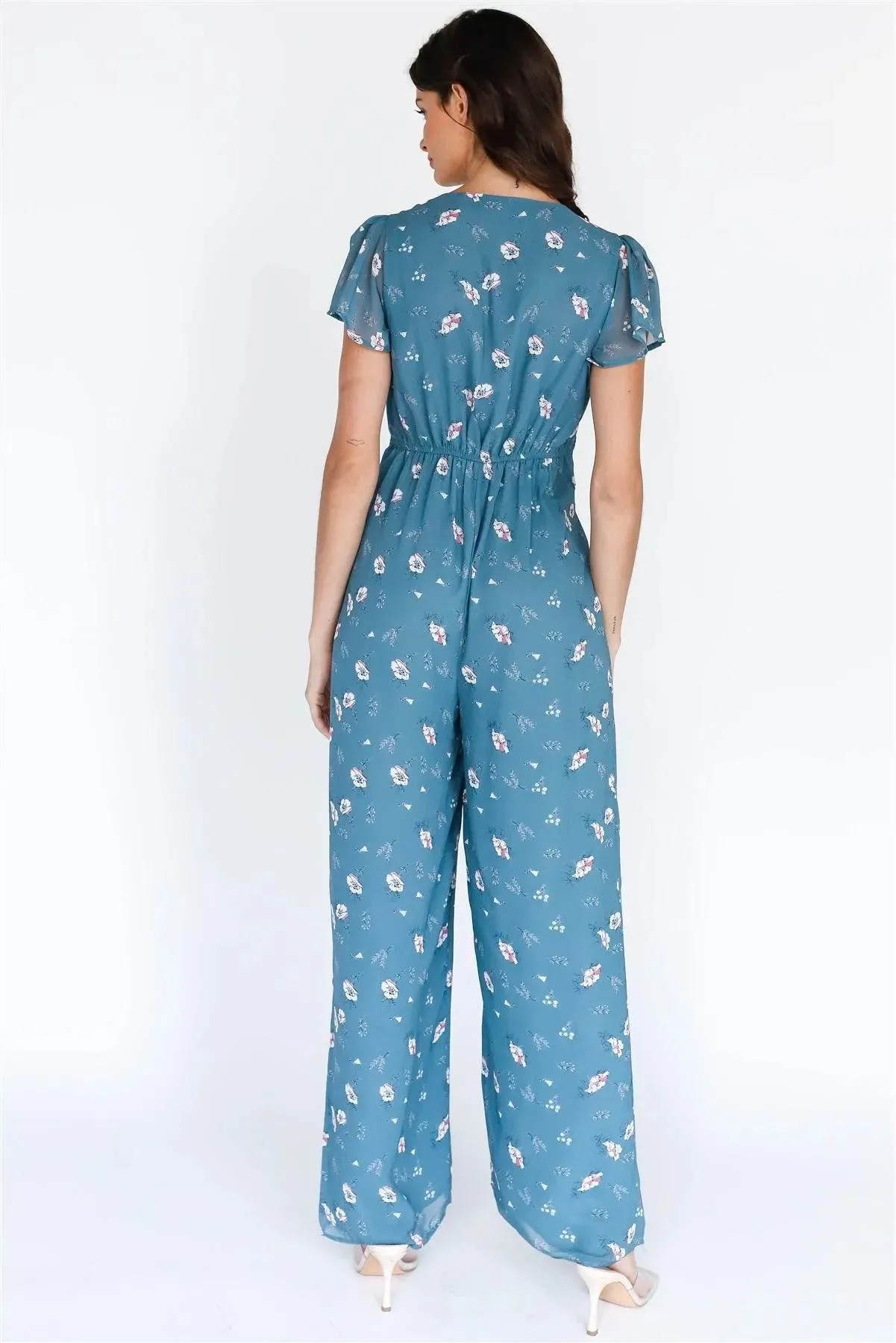 Teal Multi Color Floral Print Front Twisted Detail Wide Leg Jumpsuit /1-2-2-1
