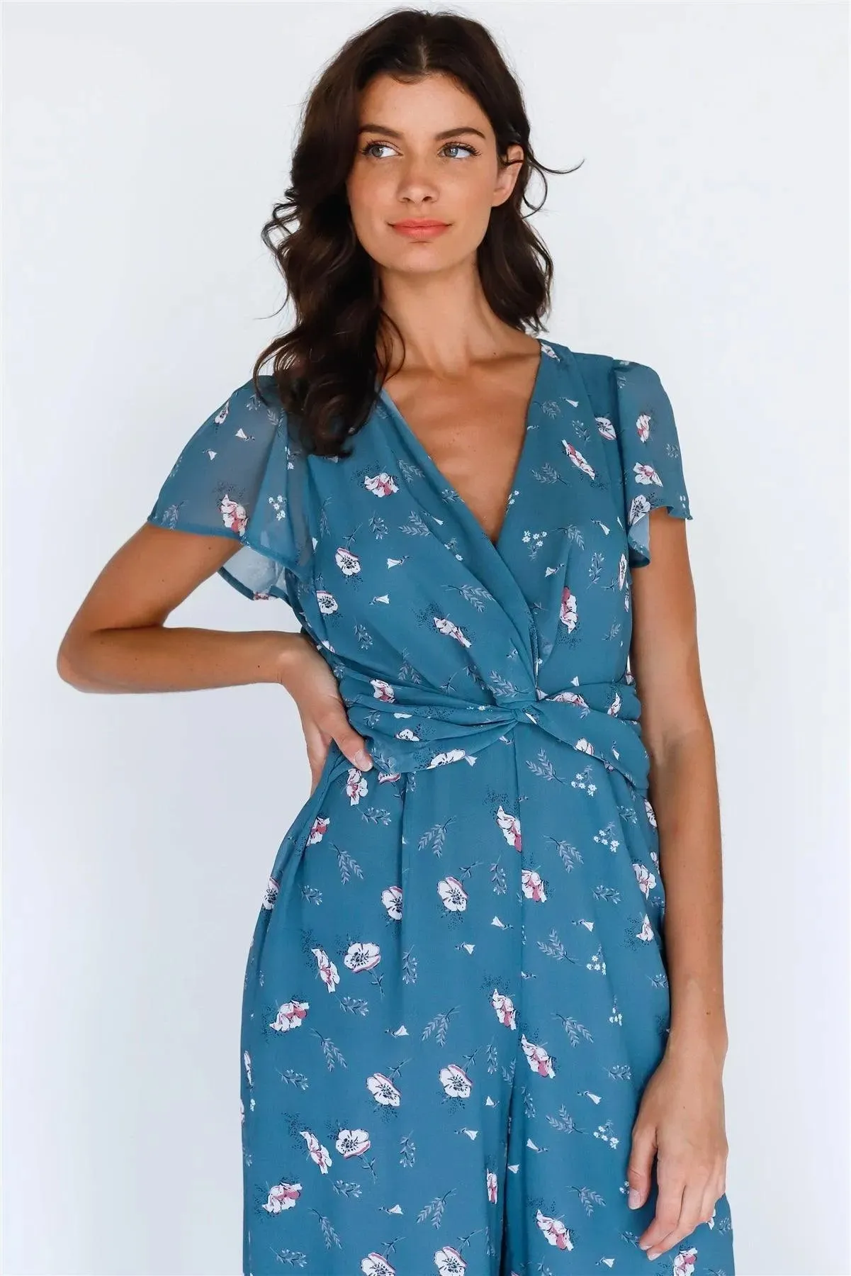 Teal Multi Color Floral Print Front Twisted Detail Wide Leg Jumpsuit /1-2-2-1