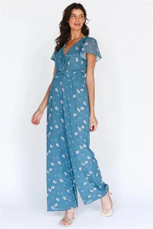 Teal Multi Color Floral Print Front Twisted Detail Wide Leg Jumpsuit /1-2-2-1