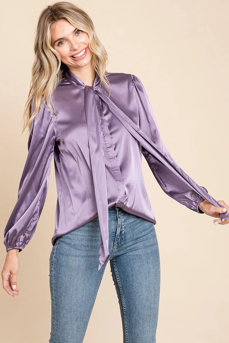 Tie Neck Long Sleeve Satin Blouse Shirts