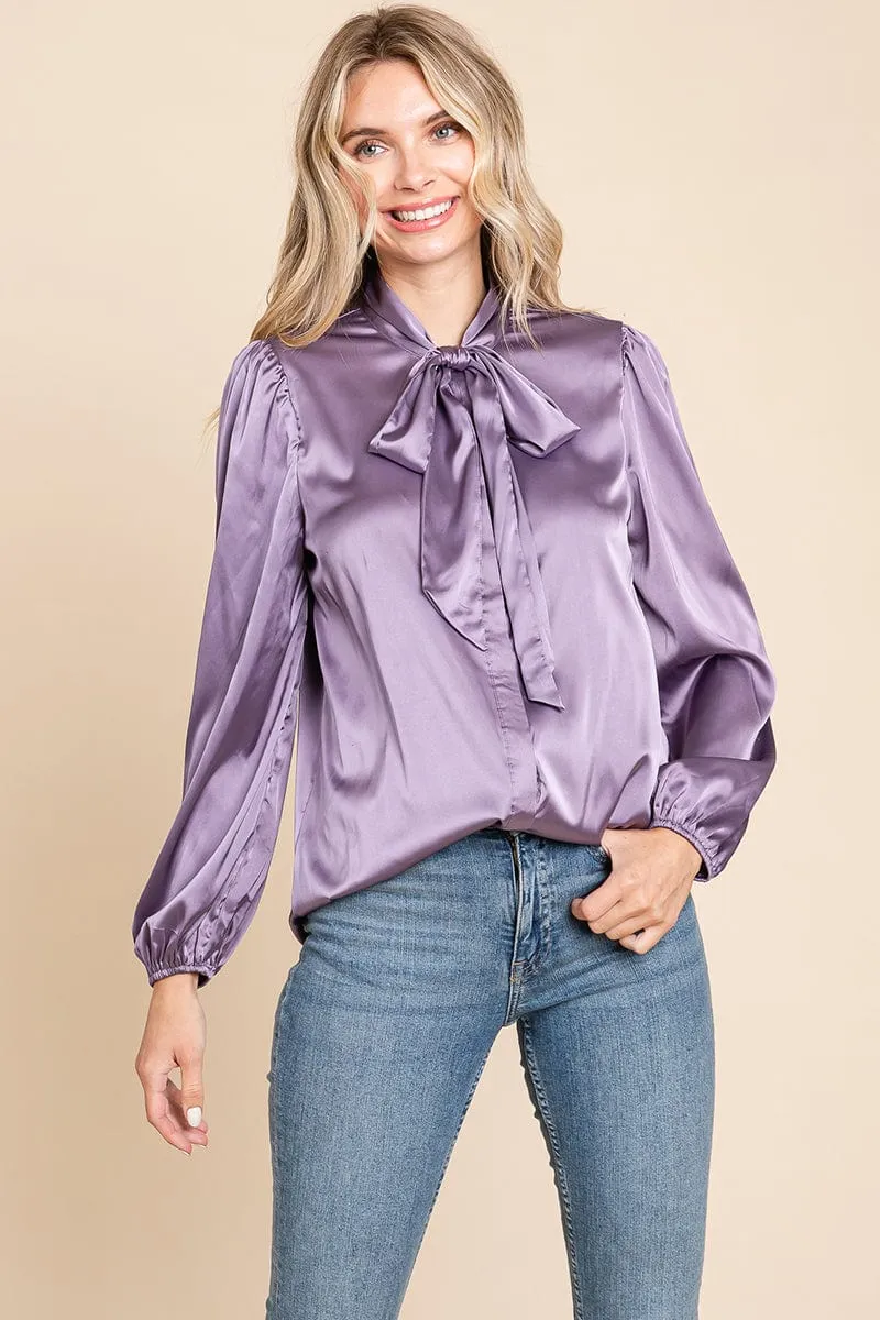 Tie Neck Long Sleeve Satin Blouse Shirts