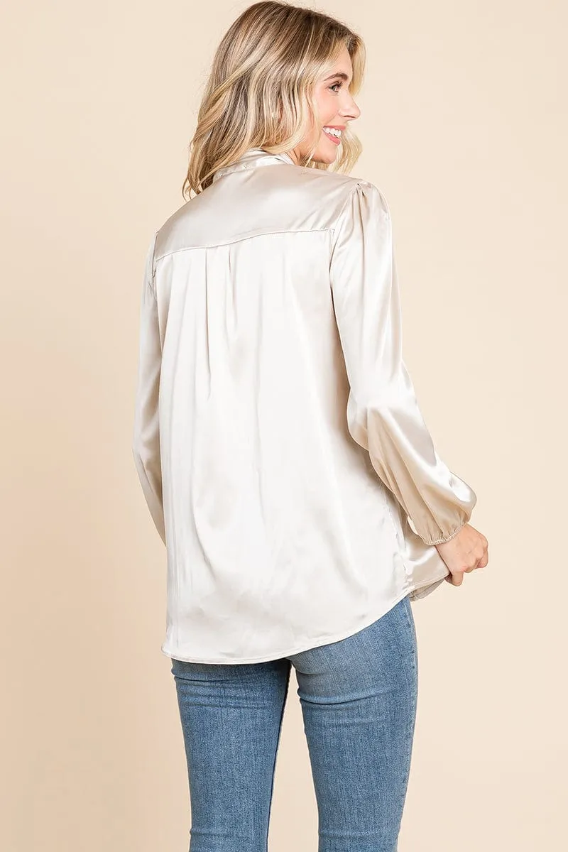 Tie Neck Long Sleeve Satin Blouse Shirts