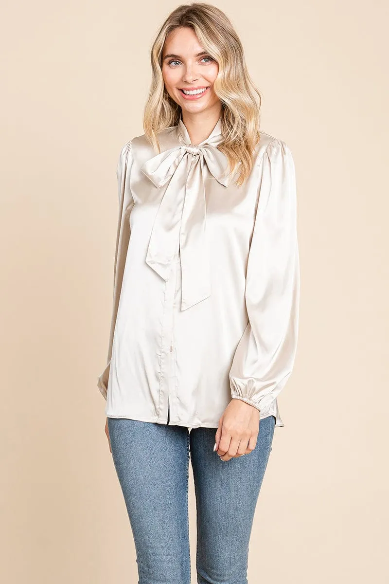 Tie Neck Long Sleeve Satin Blouse Shirts