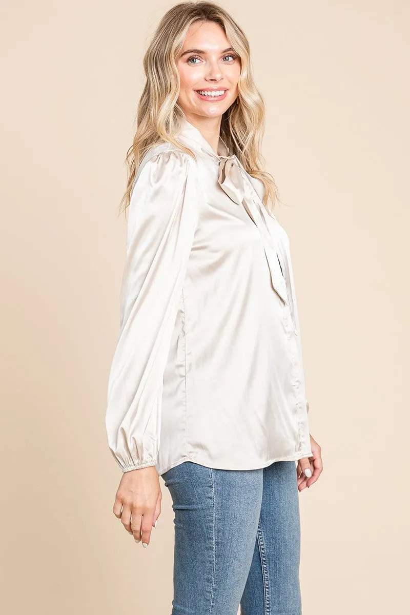 Tie Neck Long Sleeve Satin Blouse Shirts