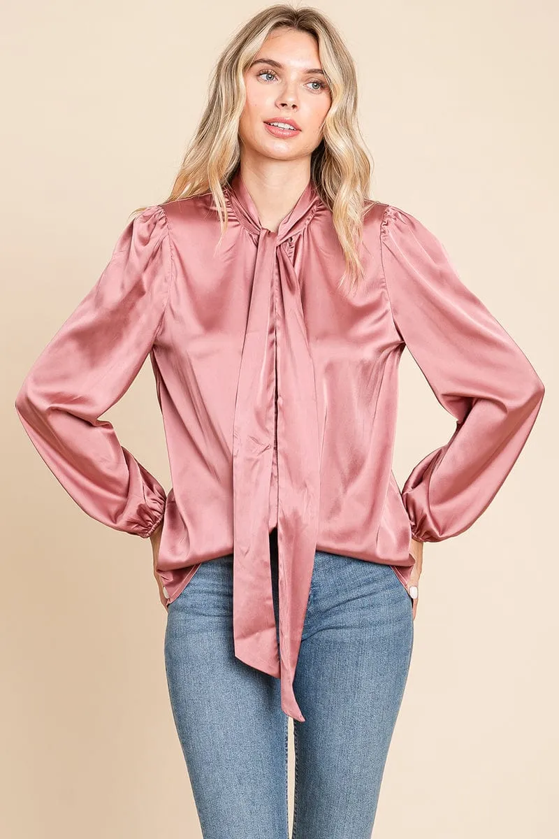 Tie Neck Long Sleeve Satin Blouse Shirts