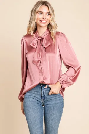Tie Neck Long Sleeve Satin Blouse Shirts