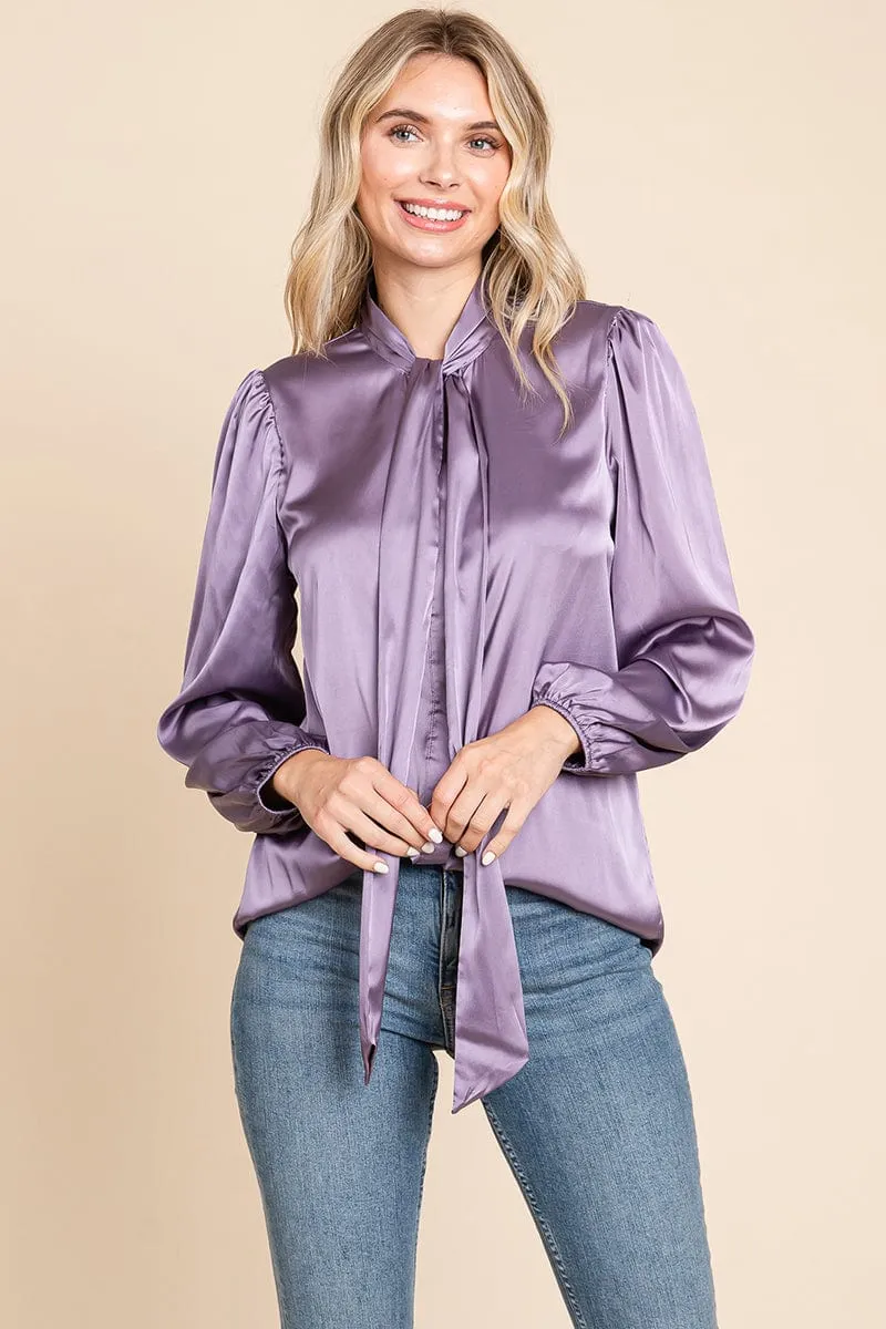 Tie Neck Long Sleeve Satin Blouse Shirts