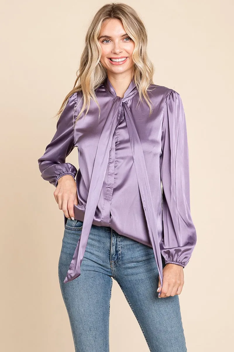 Tie Neck Long Sleeve Satin Blouse Shirts