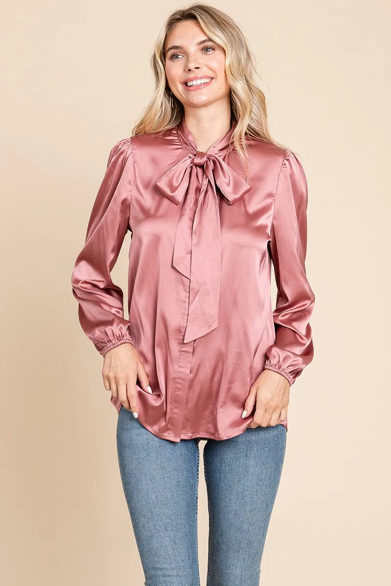 Tie Neck Long Sleeve Satin Blouse Shirts
