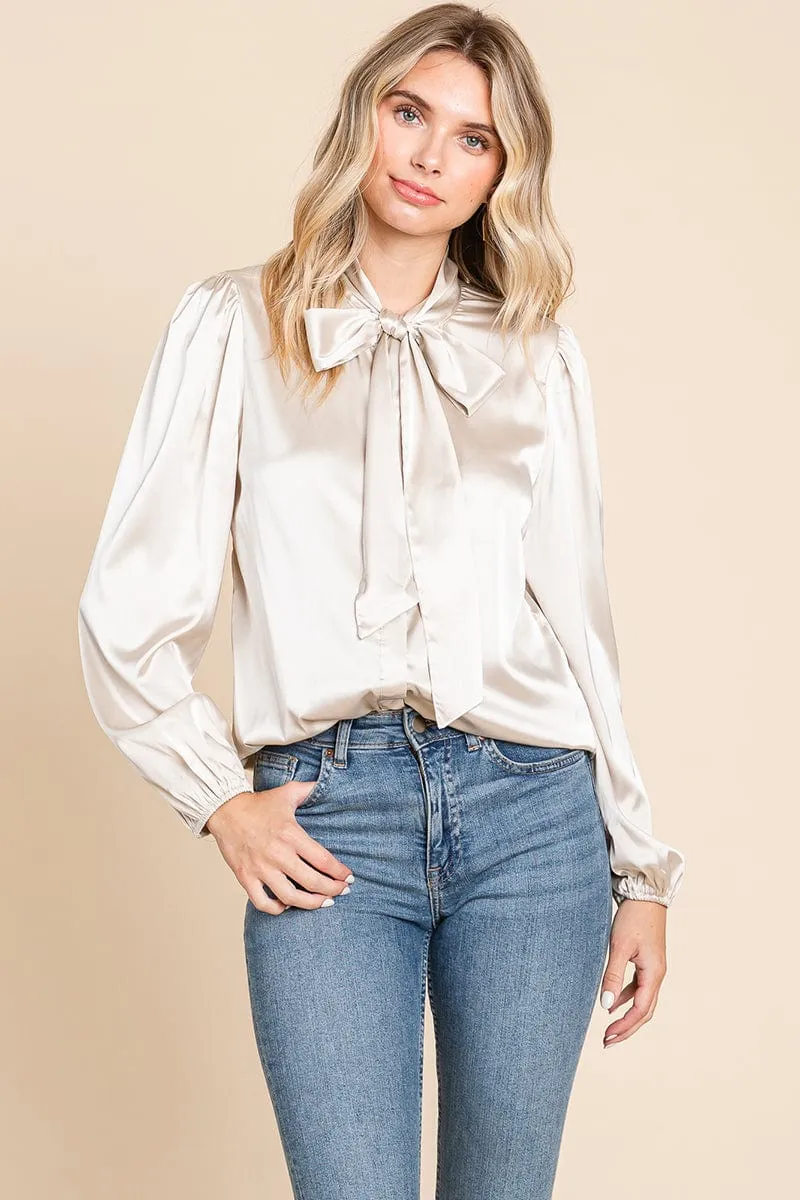 Tie Neck Long Sleeve Satin Blouse Shirts