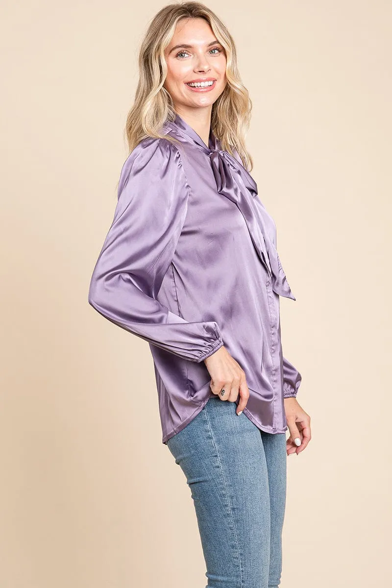 Tie Neck Long Sleeve Satin Blouse Shirts