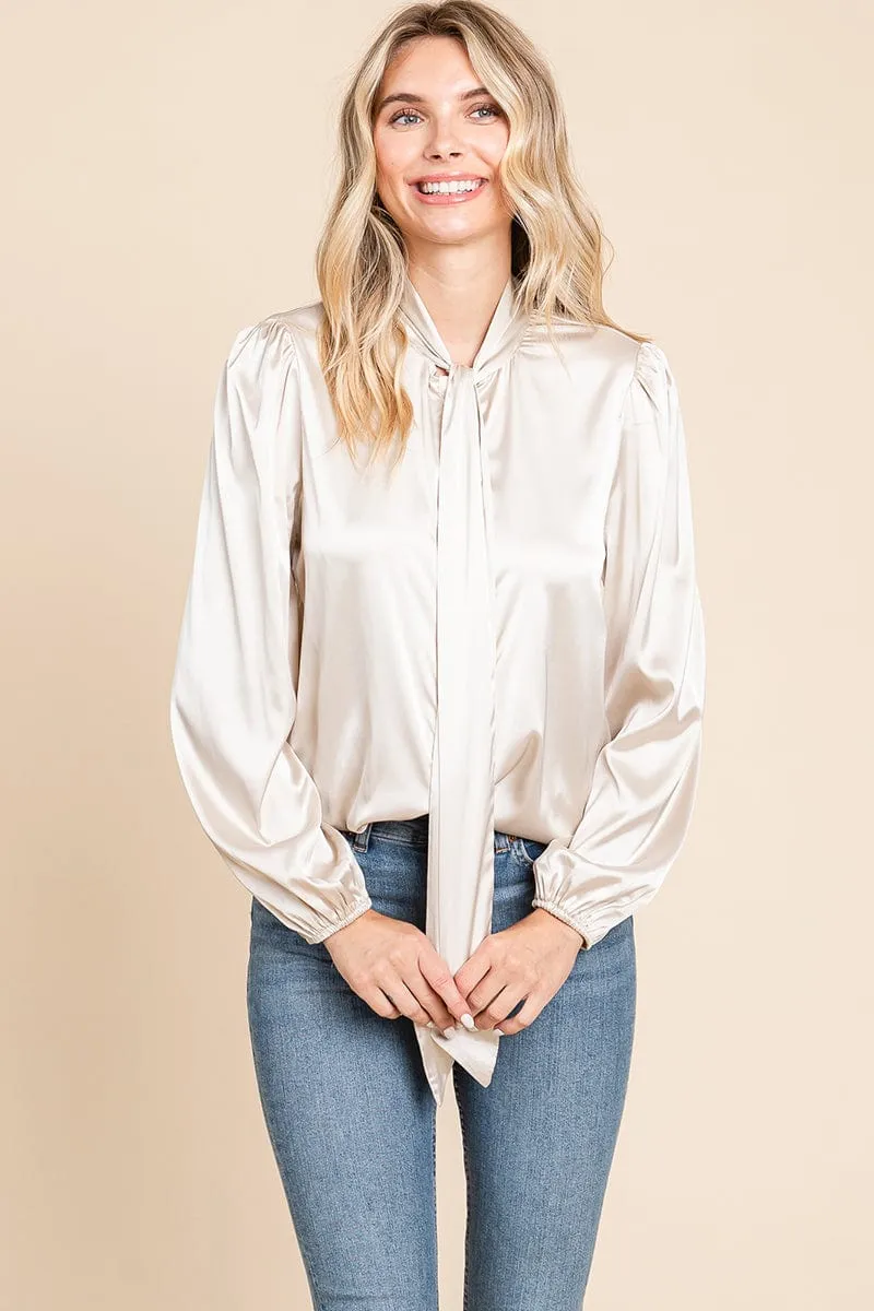Tie Neck Long Sleeve Satin Blouse Shirts