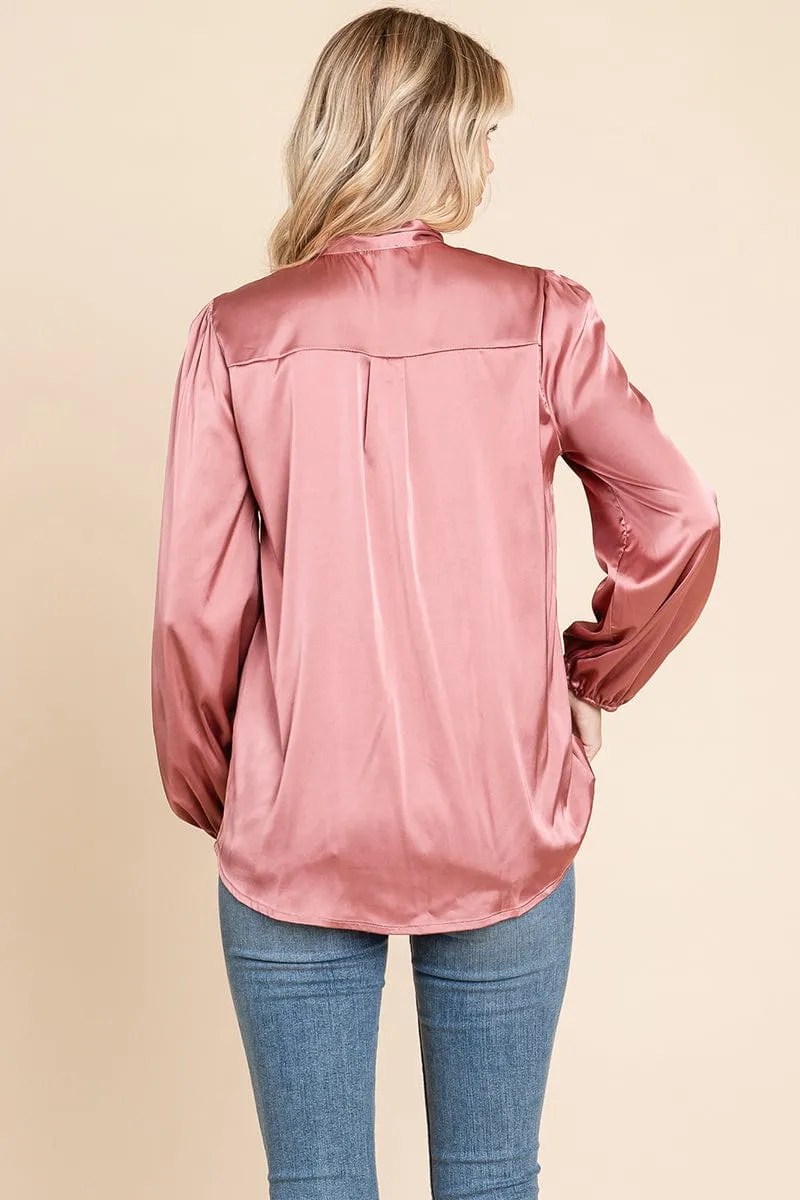 Tie Neck Long Sleeve Satin Blouse Shirts