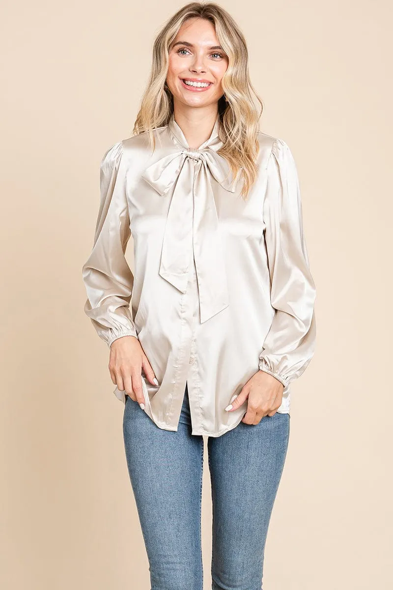 Tie Neck Long Sleeve Satin Blouse Shirts