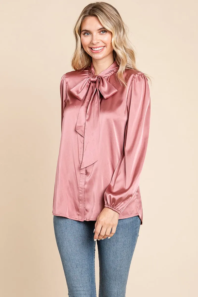 Tie Neck Long Sleeve Satin Blouse Shirts