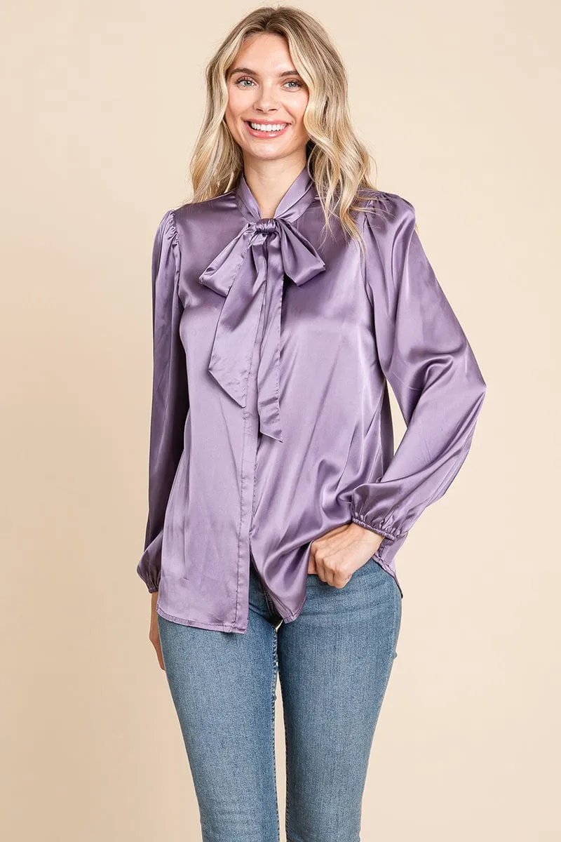 Tie Neck Long Sleeve Satin Blouse Shirts