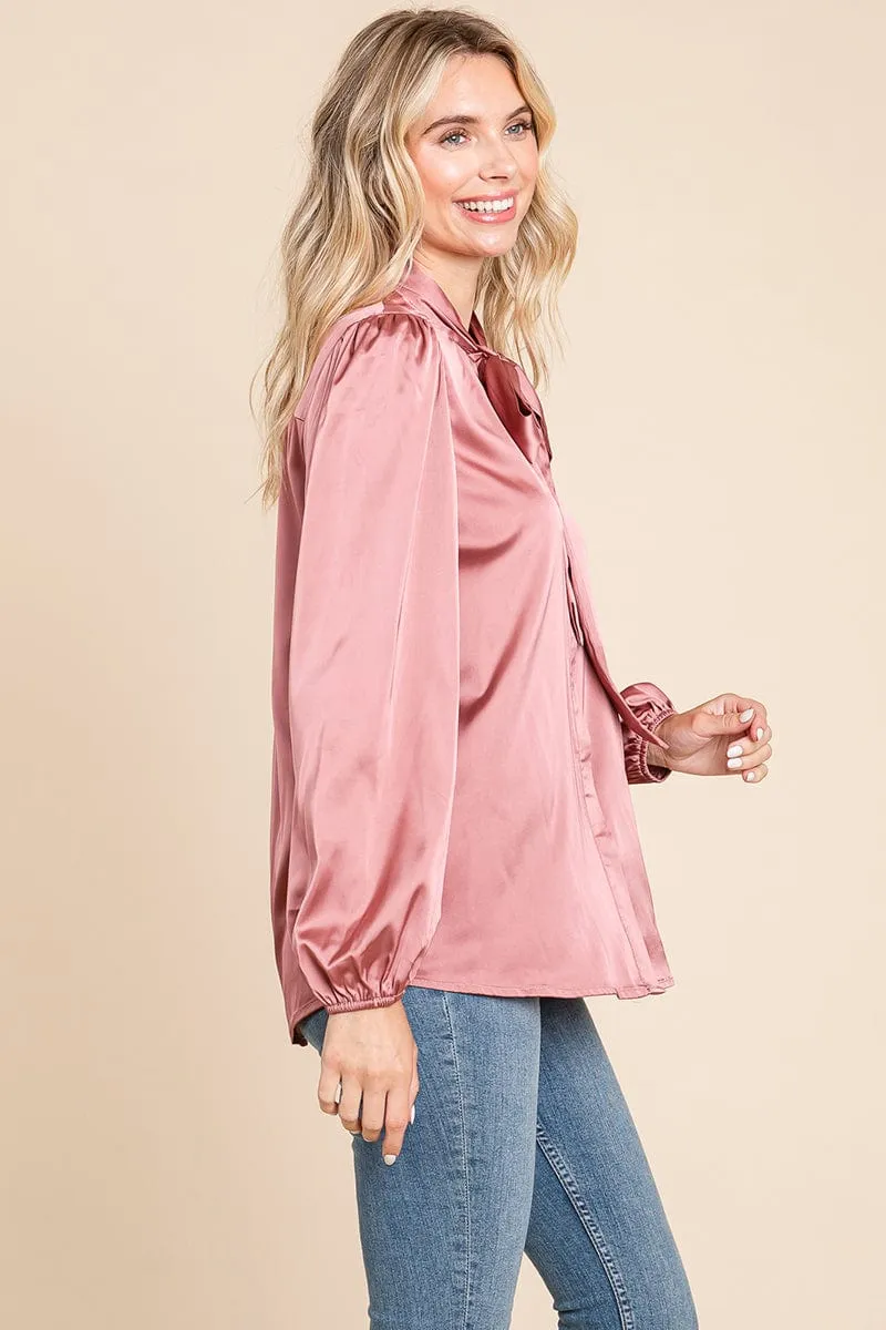 Tie Neck Long Sleeve Satin Blouse Shirts
