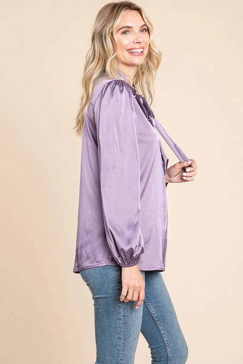 Tie Neck Long Sleeve Satin Blouse Shirts