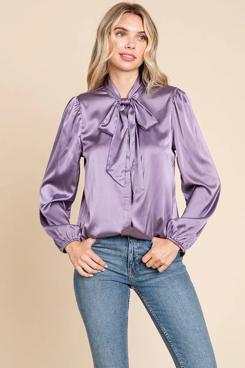 Tie Neck Long Sleeve Satin Blouse Shirts