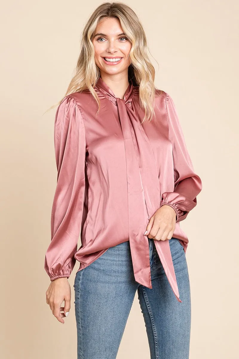 Tie Neck Long Sleeve Satin Blouse Shirts