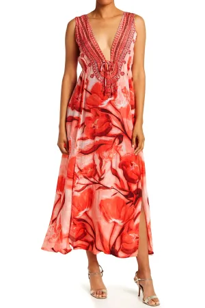 Tulip Print V-Neck Maxi Dress
