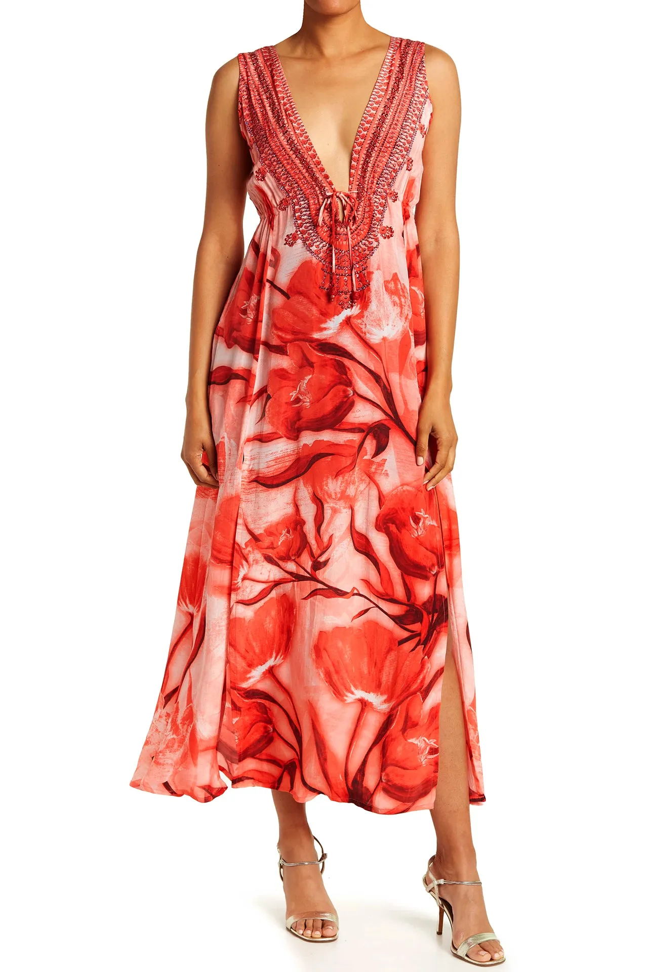 Tulip Print V-Neck Maxi Dress
