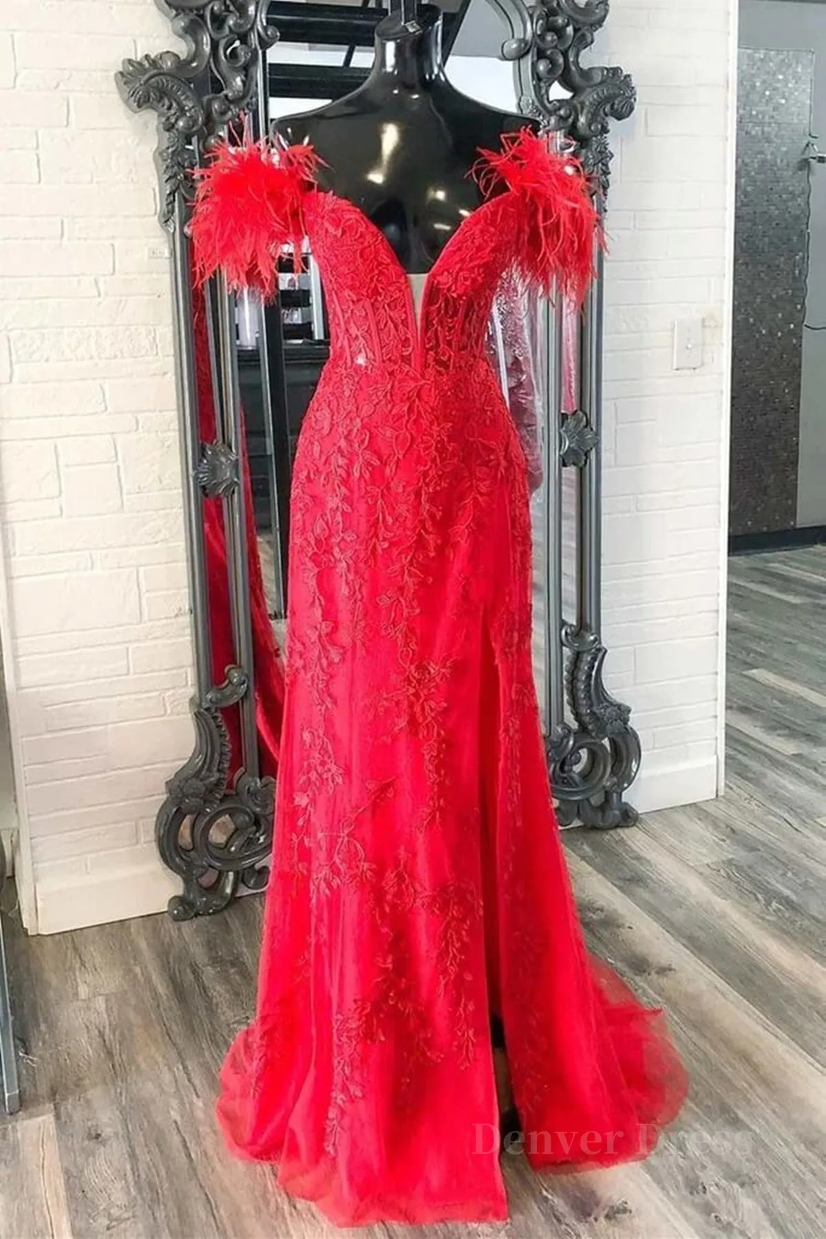 V Neck Mermaid Off Shoulder Red Lace Long Prom Dress Mermaid Red Formal Dress Red Lace Evening Dress