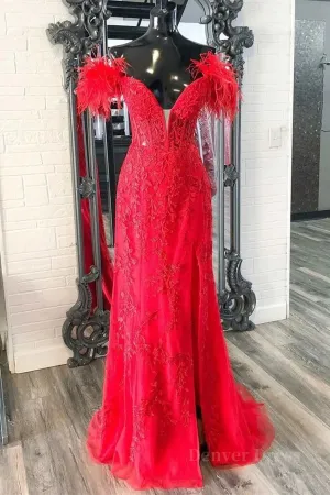 V Neck Mermaid Off Shoulder Red Lace Long Prom Dress Mermaid Red Formal Dress Red Lace Evening Dress