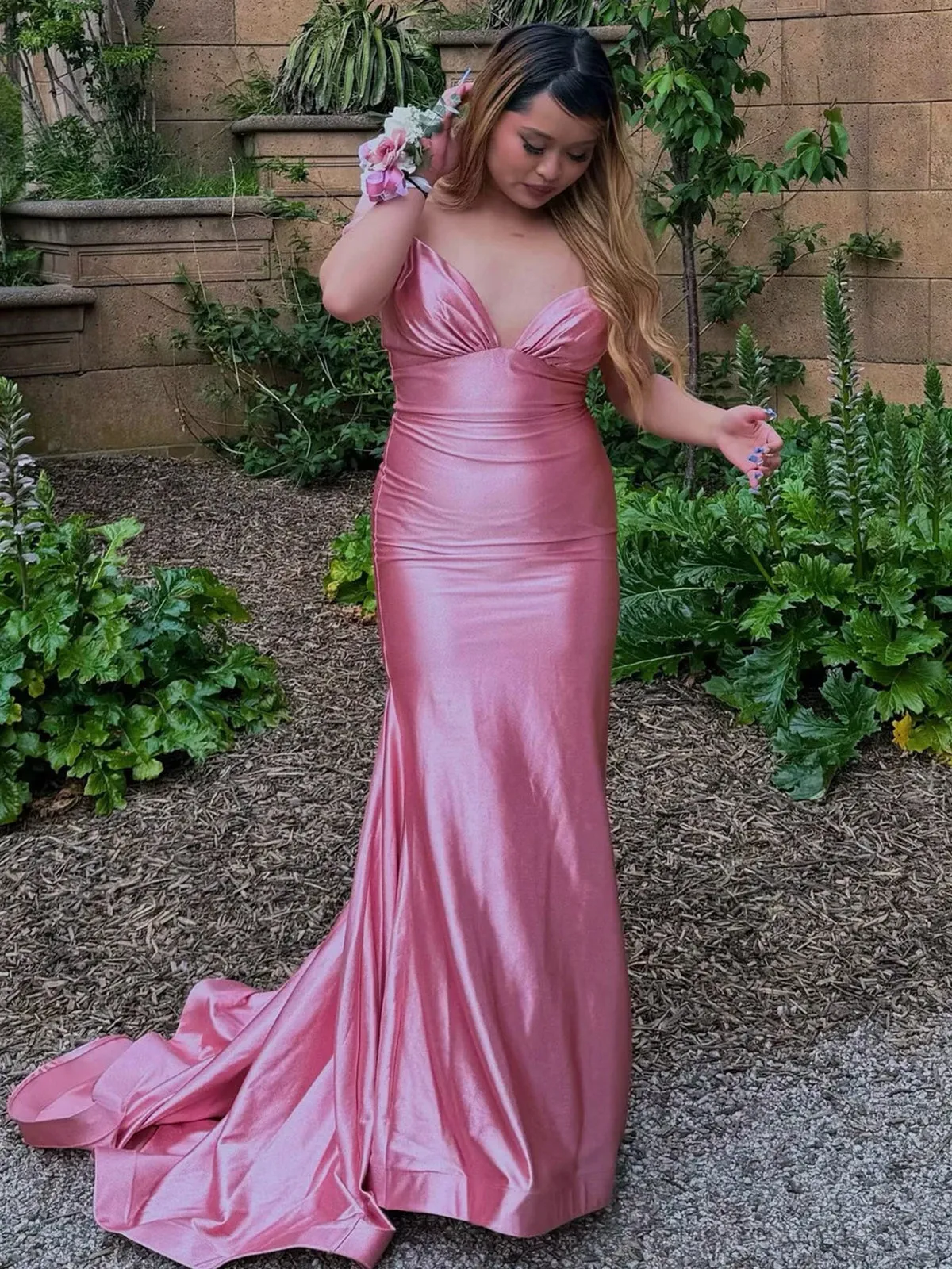 V Neck Pink Satin Mermaid Sleeveless Long Prom Dress