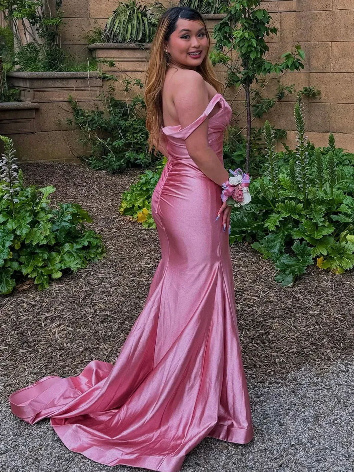 V Neck Pink Satin Mermaid Sleeveless Long Prom Dress