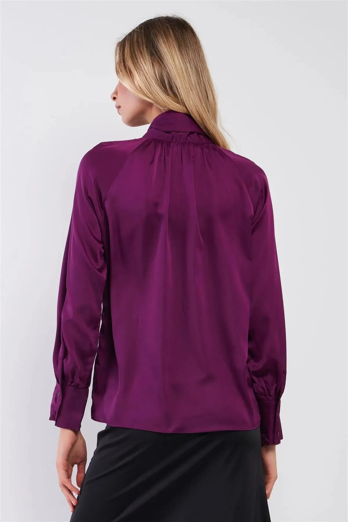Violet Satin Long Sleeve Tie-Neck Blouse Top /2-2-2