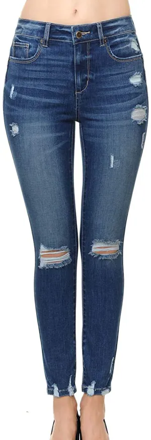 Wax Jean Women's 'Butt I Love You' Push-Up High-Rise Skinny Jeans with Destructed Hem Detail in Fine Cotton Denim