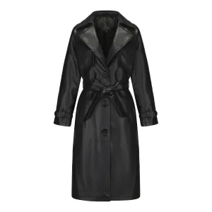 Women's Long Loose PU Leather Coat with Classic Lapel Belted Trench Coat